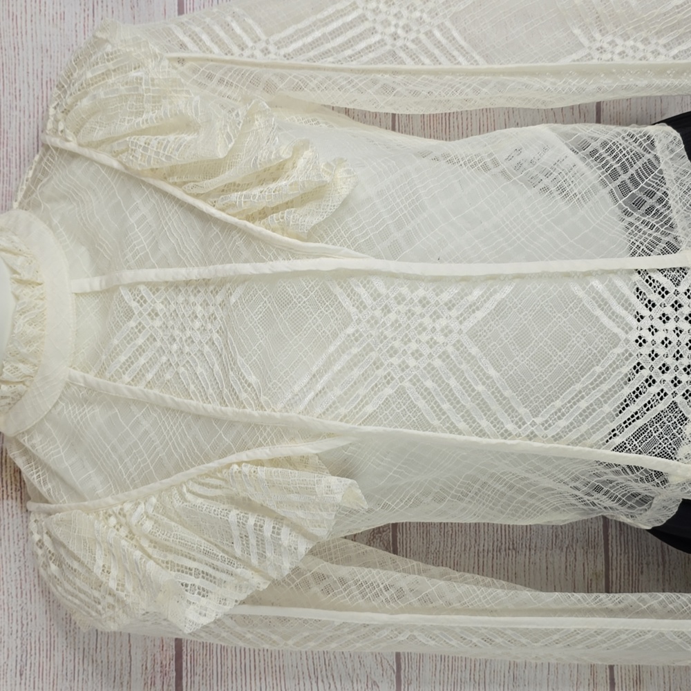 H&M Cream Lace Long High Neck Ruffle Sleeve Top Blouse Sz 2